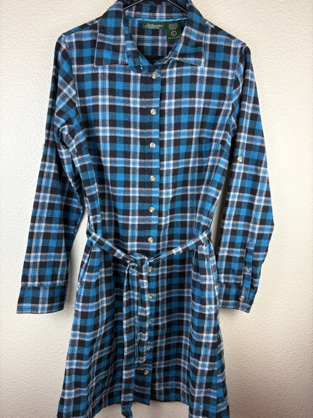 Stillwater Supply Co Blue Black Plaid Flannel Longline Shirt Dress Tie Belt Lge